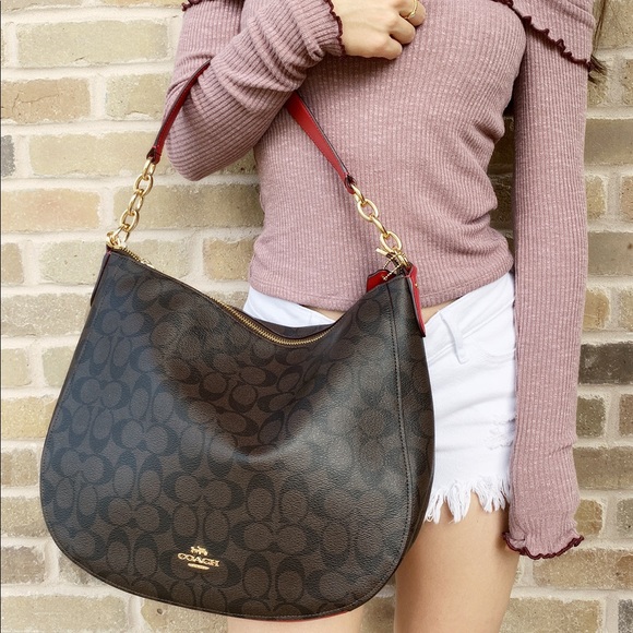 Gaby’sBags👜💕-Coach brown Signature Hobo red trim - Picture 3 of 5